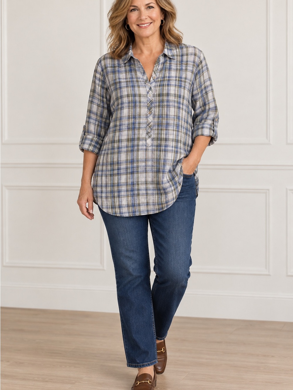 J.Jill Love Linen Tunic Shirt Size XL Blue Green Plaid Roll Tab Sleeve Popover